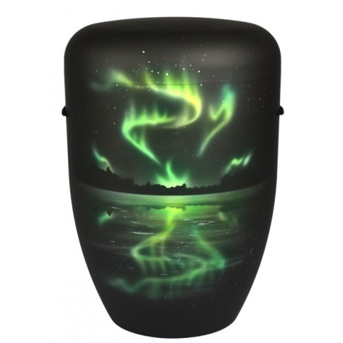 Hand Painted Biodegradable Cremation Ashes Funeral Urn / Casket - Aurora Sky on Black Matt